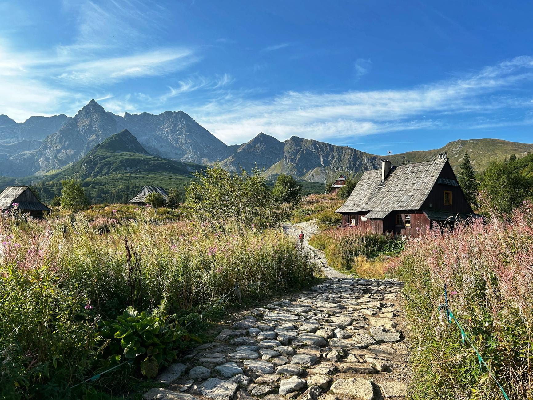 Letni krajobraz Hali Gąsienicowej z górami i drewnianymi szałasami